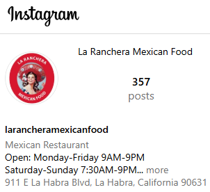 InstaGram of La Ranchera Mexican Food